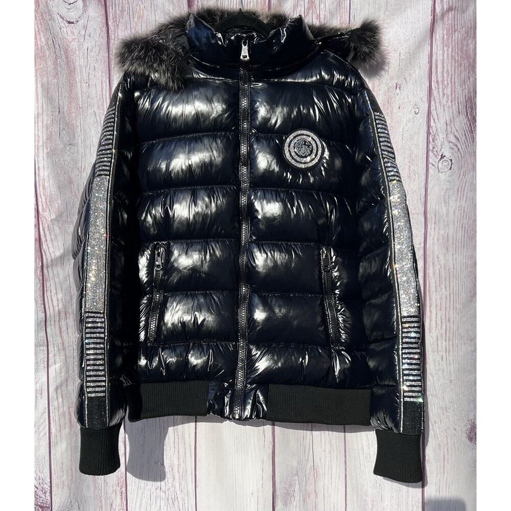 Black Rhinestone Quilted Puffer Jacket with Faux Fur Trim